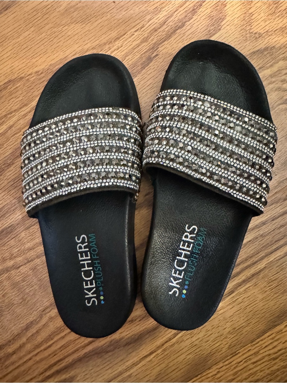 Skechers Black Slide Sandals with Sparkling Rhinestone Straps